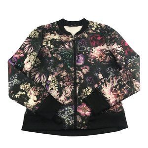 BEBE Sport Zip up Jacket Black With Floral Print Sz. Small. Bomber style.